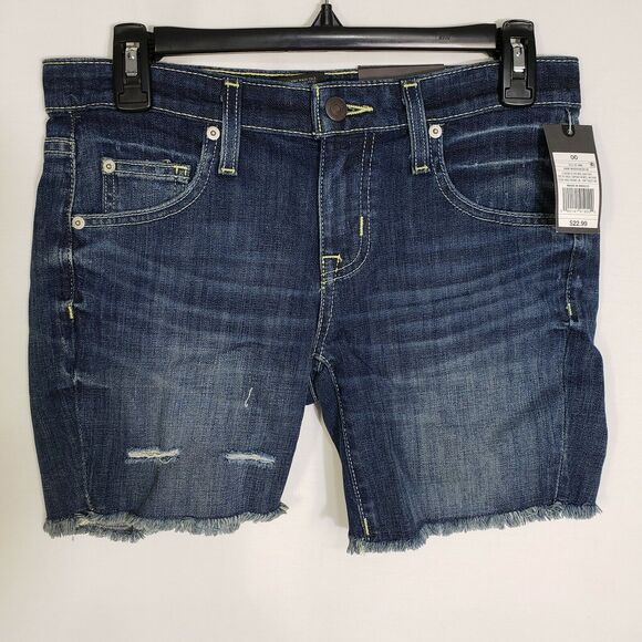 Mossimo Womens Shorts Sz 00 Boyfriend Raw Hem Dark Blue Denim Low Rise Destroyed - Picture 3 of 9